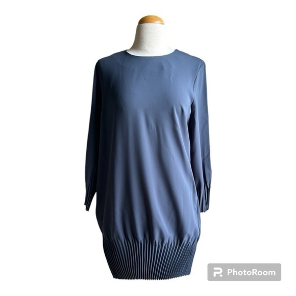 COS navy accordion pleated long sleeve blouson shift dress US 8
